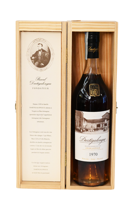 Bas Armagnac Dartigalongue 1970 , un distillato francese&nbsp;&nbsp; vintage pregiato &nbsp;prodotto con cura artigianale nella regione della Guascogna. Questo raro Armagnac , frutto di un invecchiamento impeccabile, offre un'elegante armonia di sapori.&nbsp; Colore ambrato scuro, profumo intenso di frutta matura e agrumi. Al palato è vellutato, leggermente tannico, con retrogusto vanigliato e speziato.